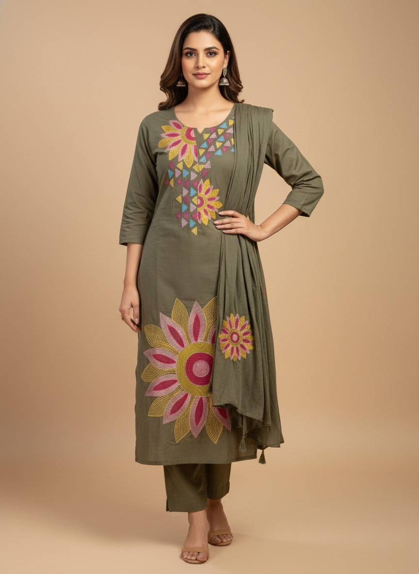 Olive Cambric Cotton Multi Colour Floral Embroidered Kurthi Set