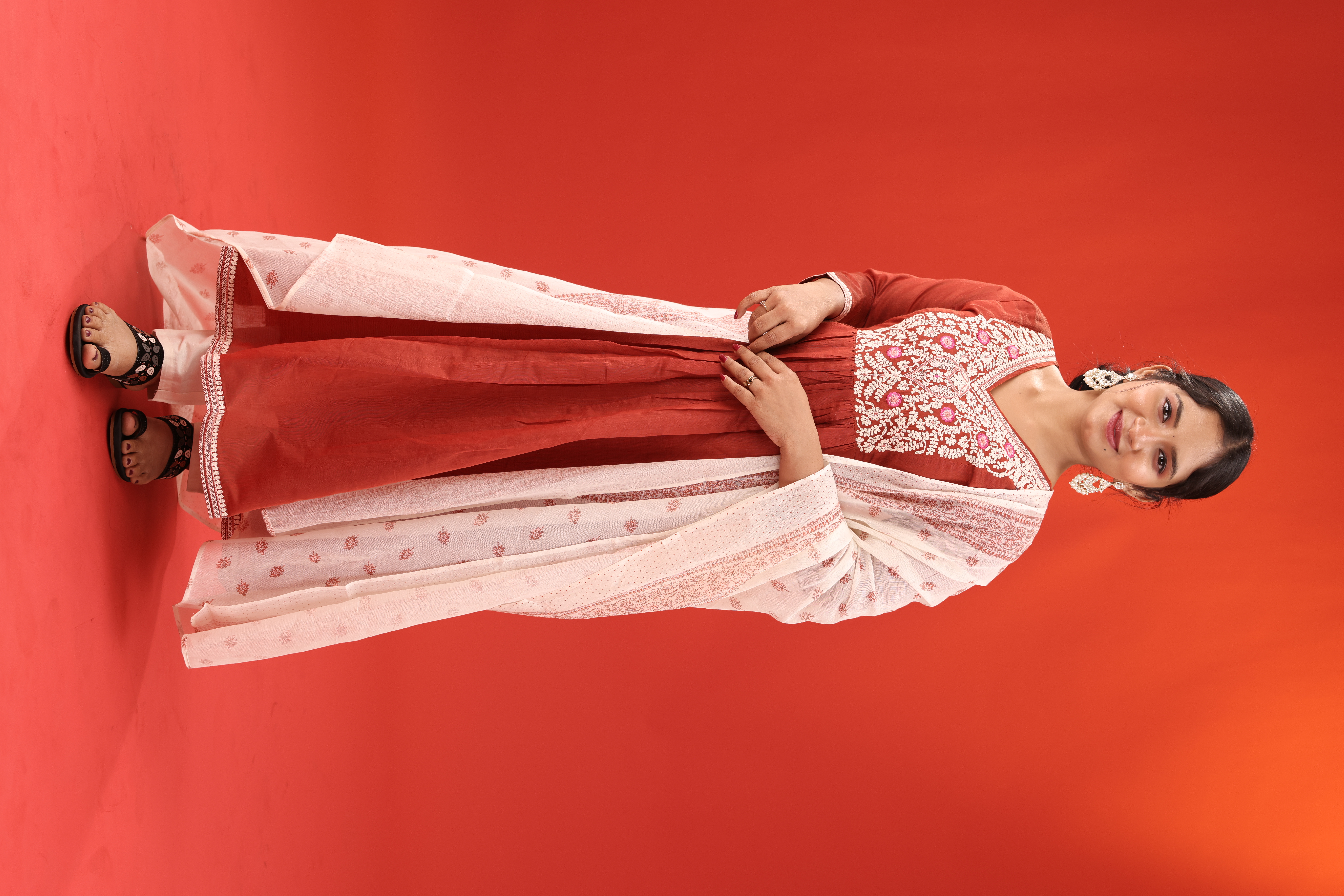 Rust Chanderi Silk Gathered Kurthi Set