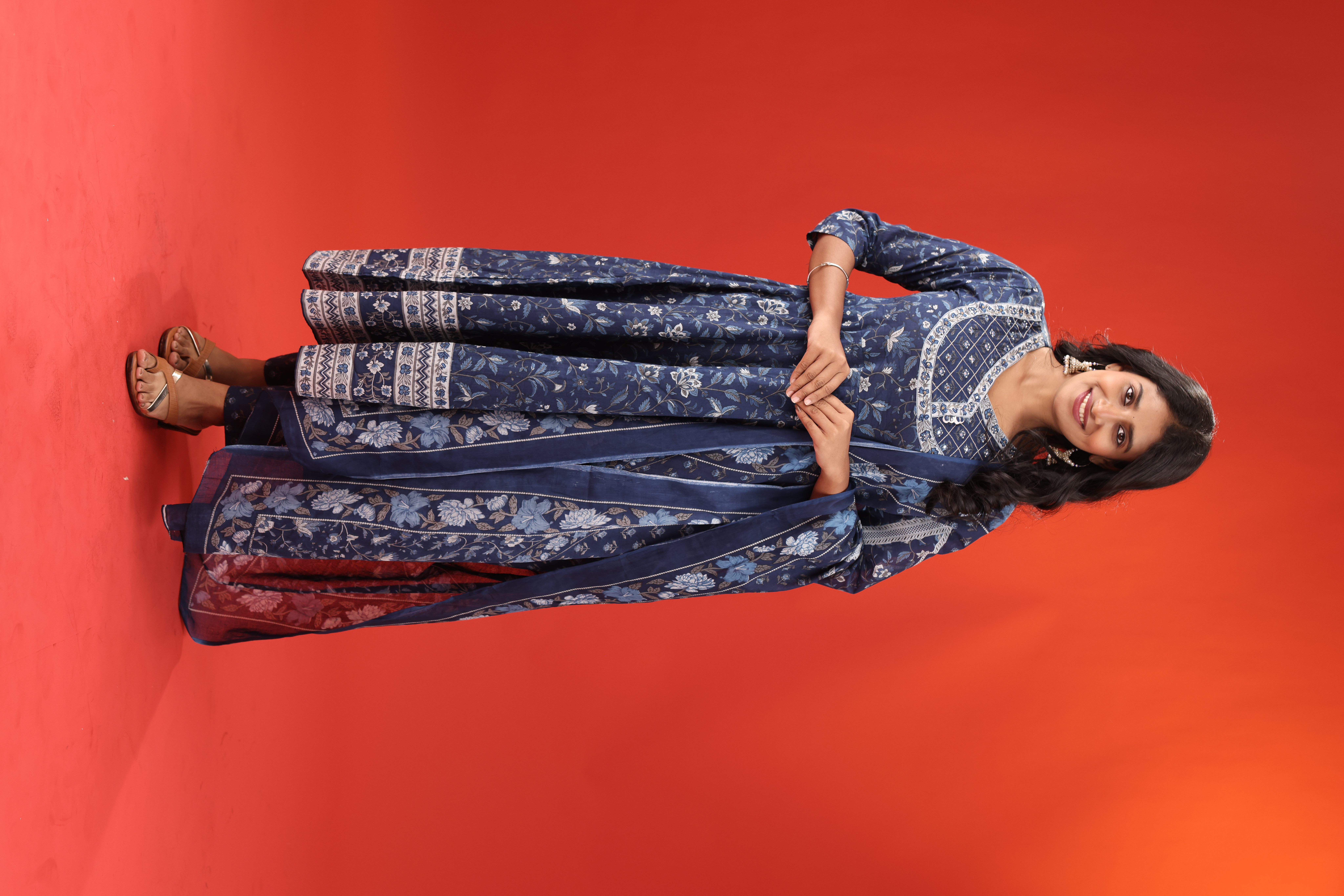 Navy Blue Floral Print Cotton PanelCut Anarkali Set