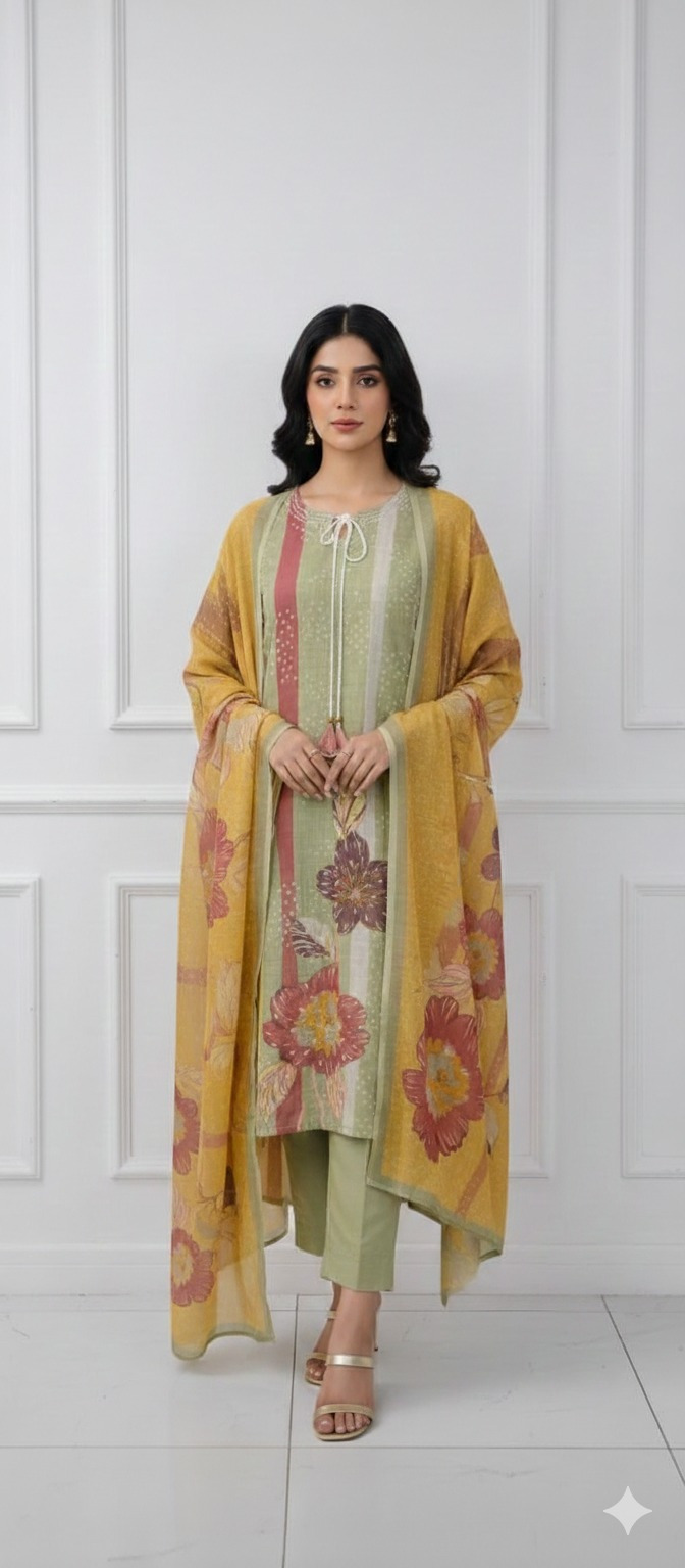Pastel Green Slub Linen  Kuthi Set