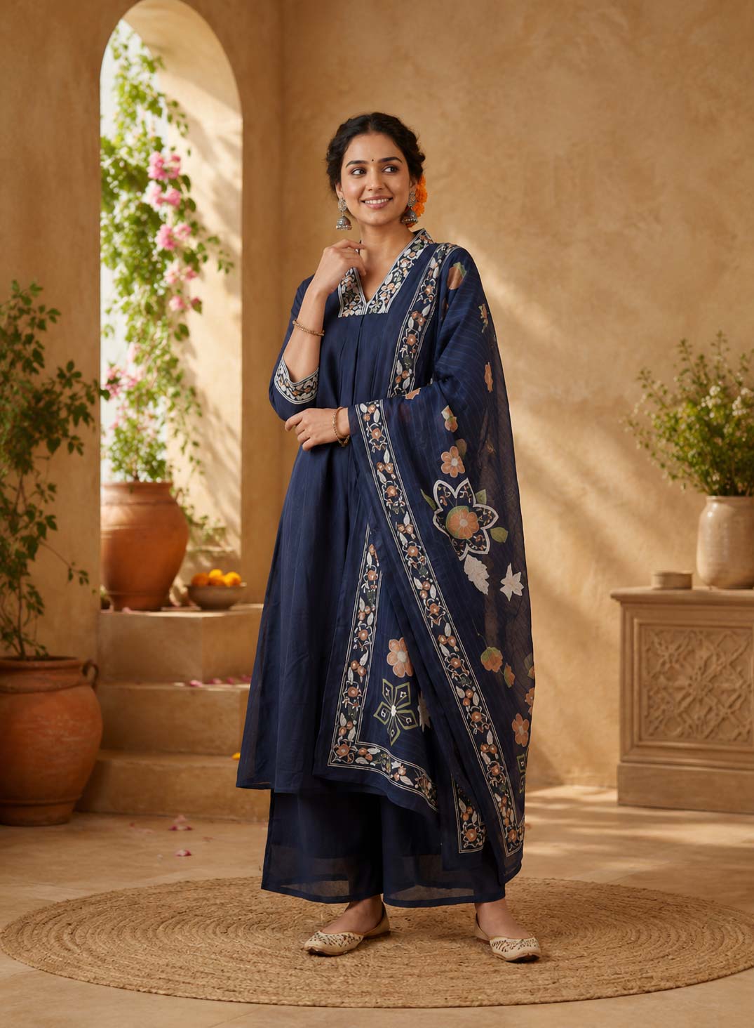 Navy Chinon Silk A line Kurthi Set