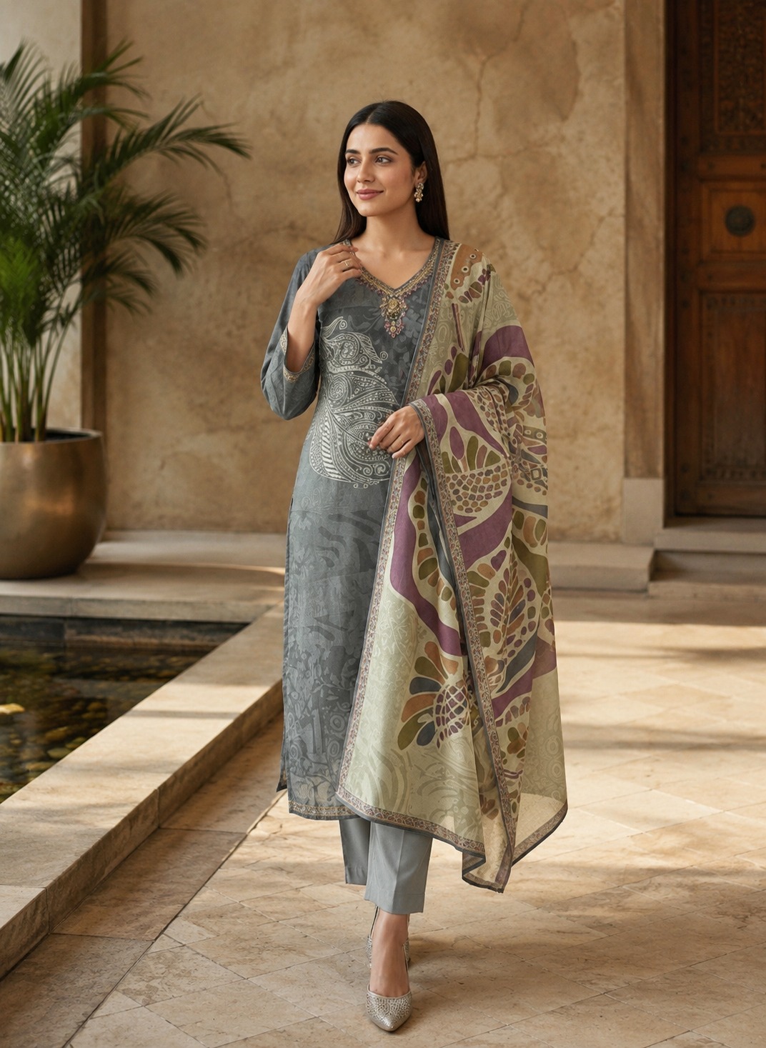 Grey Abstract Print Kurthi Set