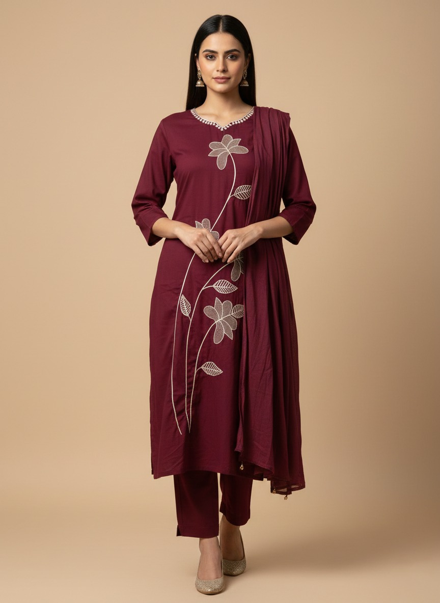 Maroon Cambric Cotton Slitted Kurthi Set