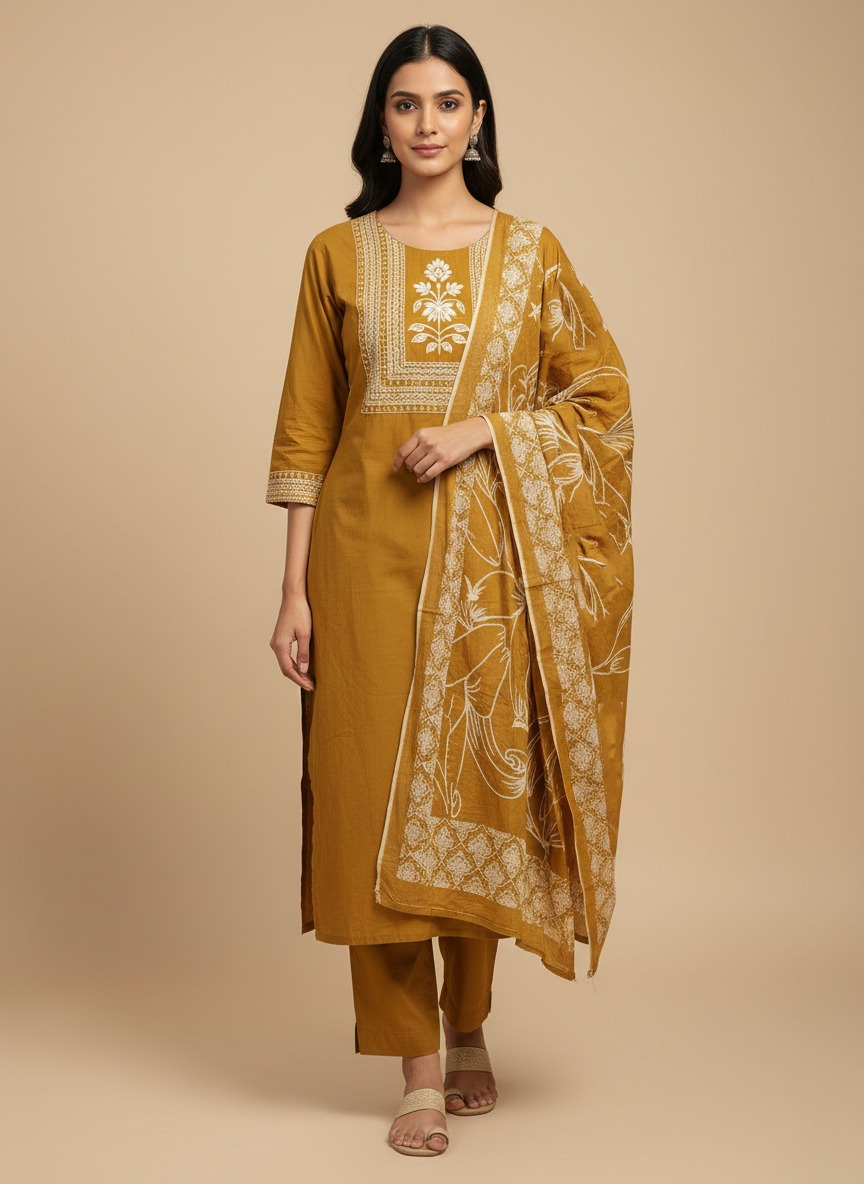 Mustard Yellow Cambric Cotton Kurthi Set