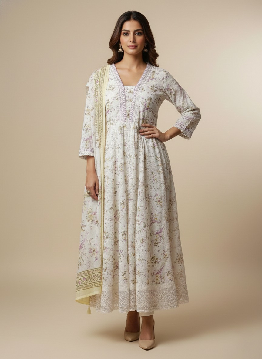 Ivory Floral Printed Cotton Anarkali Set