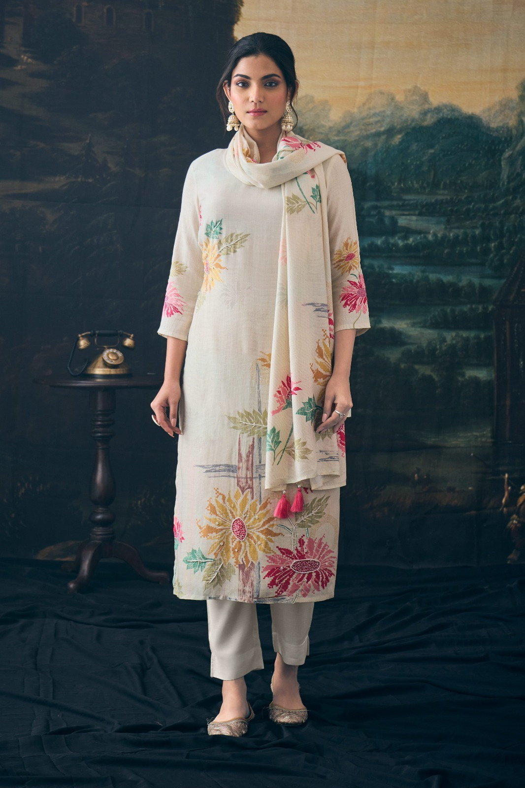 Cream Multicolor Floral Digital Print Slub Linen Kurthi Set