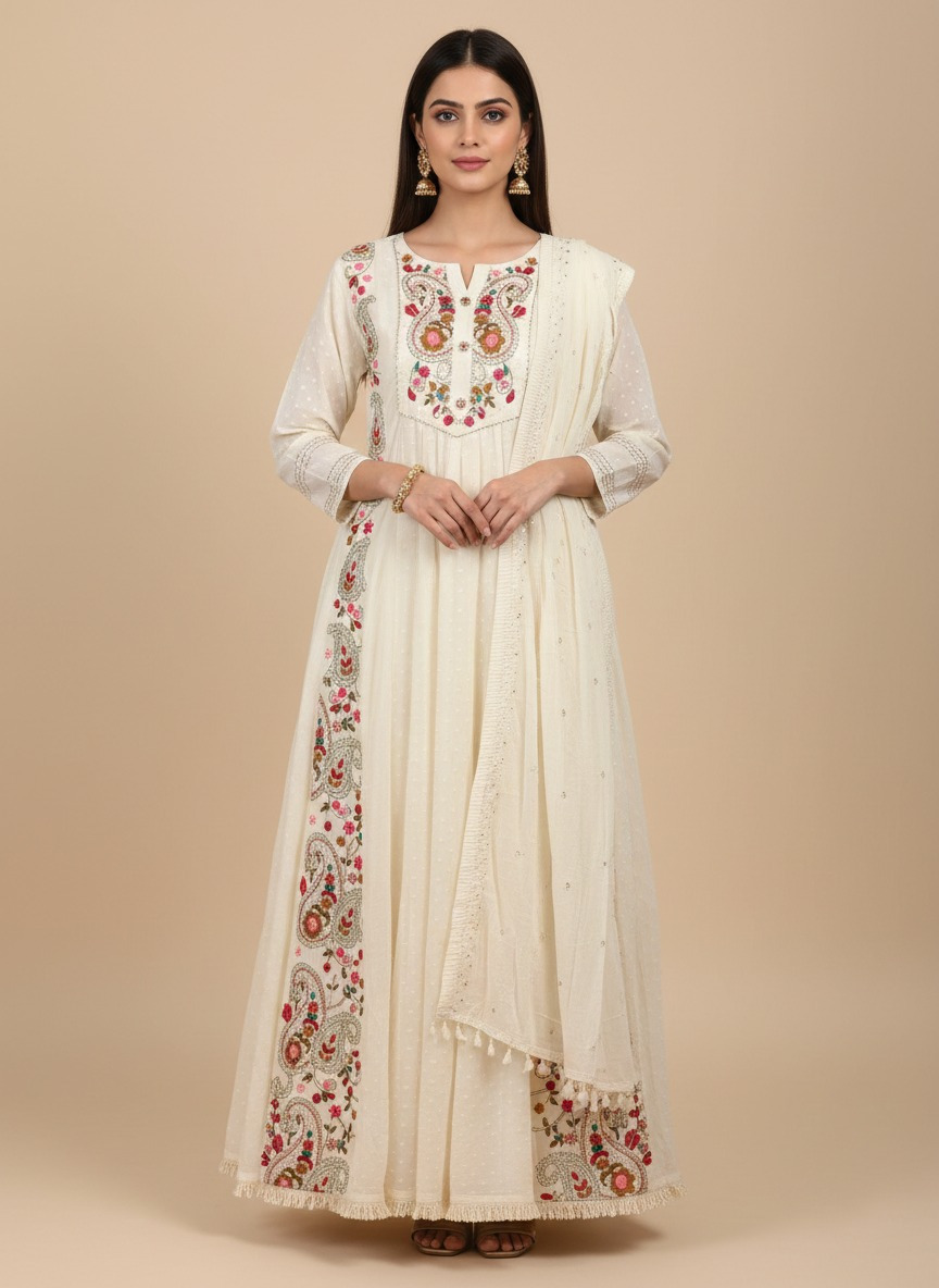 Paisely Thread Embroidered Mul Cotton Full Length Anarkali set
