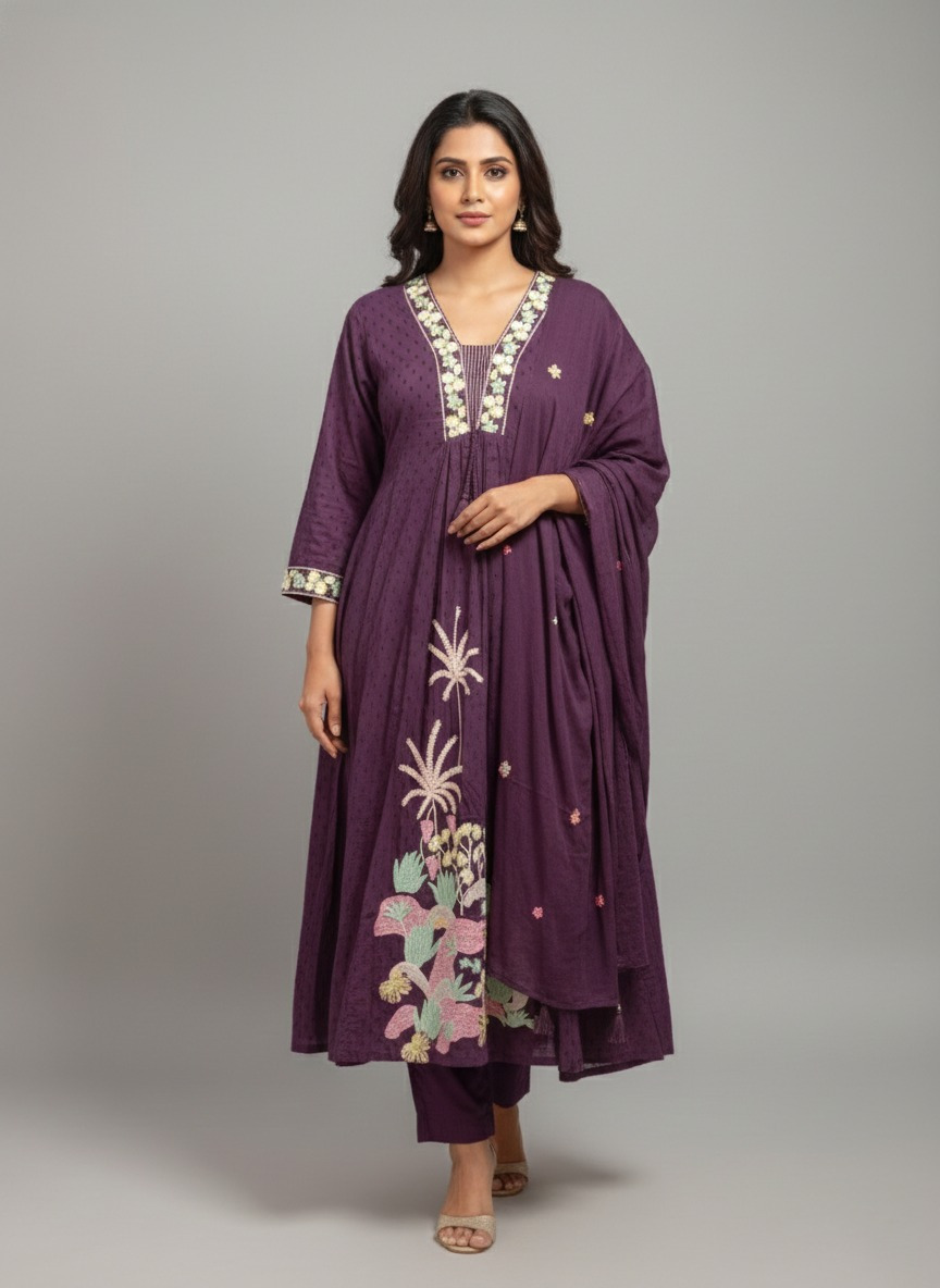 Deep Purple Cotton Embroidered Aline Kurthi Set
