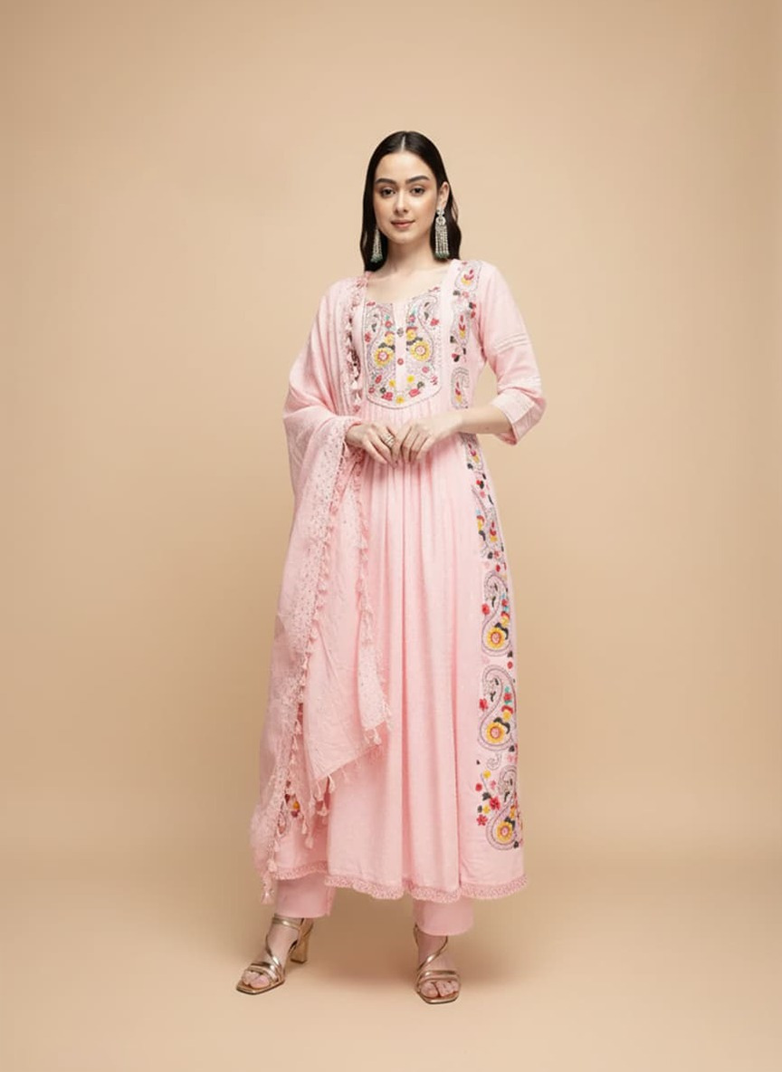 Pink Mul Cotton Multi Colour Embroidered Kurthi Set