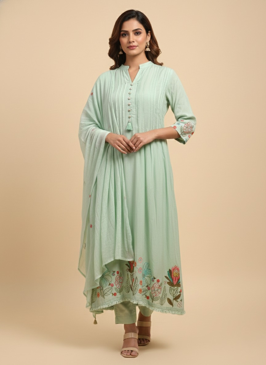 Mint Green Mul Cotton Embroidered A line Kurthi Set